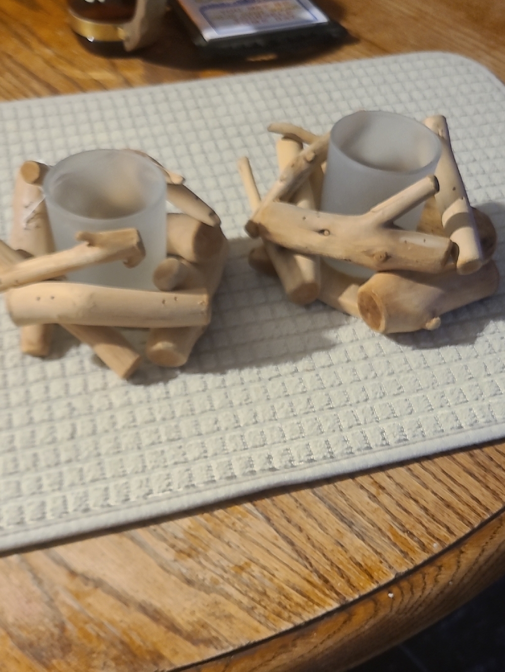 Driftwood Tealight Candle Holders - Natural Wood & Frosted Glass (Set of 2) - Picture 2 of 4